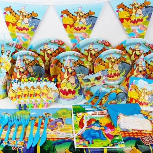 Disney Winnie The Pooh Party Supplies Children Tigger Bear Theme Birthday Disposable Tableware Paper Plate Cup Hat Napkin Banner