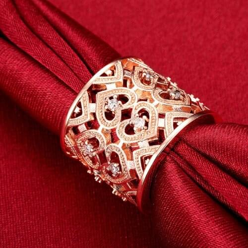Solid 925 Silver Crystal heart 18K rose gold wide Rings For Women adjustable Fashion Wedding Party Gifts high quality Jewelry