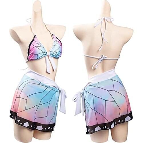Kochou Shinobu Swimsuit Demon Slayer Women Bikini Sling Beautiful Cute Cosplay Three Piece Bathing Suit Summer Swimming Suit