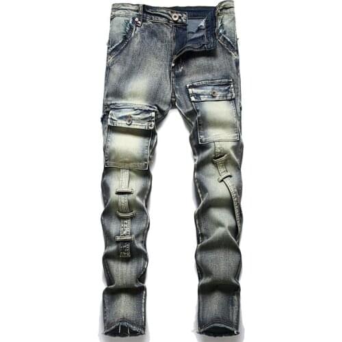 Mcikkny Men Hip Hop Biker Jeans Patchwork Knee Pockets Motorcycle Denim Trousers For Male Straight Strech Fit
