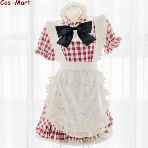 Cute Retro Sweet Maid Uniform Cosplay Costume Fashion Lace Hansenne Red White Grid Dress Girl Activity Party Role Play Clothing