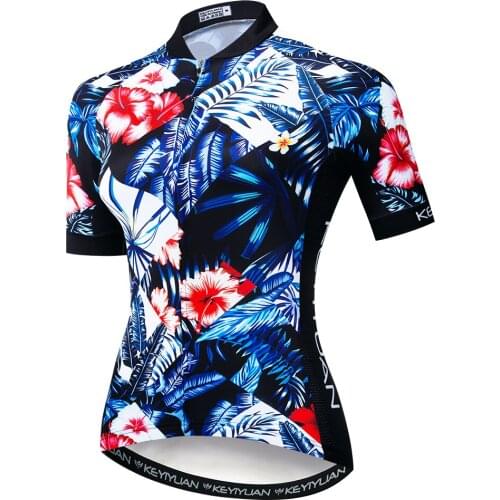 KEYIYUAN 2021 New Ladies Blue Flowers Breathable Short Sleeved Cycling Shirt Mountain Bike Maillots Abbigliamento Ciclismo