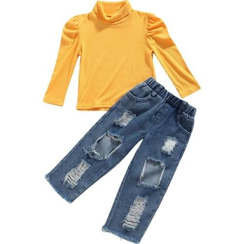2021 2-7Y Fashion Kids Baby Girl Clothes Yellow Solid Puff Long Sleeve Turtleneck Pullovers+Holes Denim Pants Autumn 2pcs Set