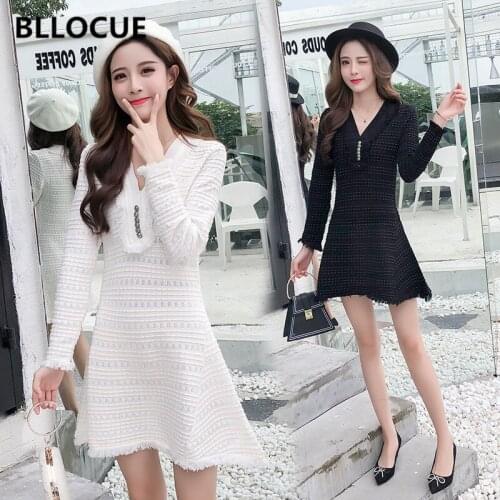 BLLOCUE 2019 Autumn Winter Sweater Dress Womens V-neck Sexy Fringed Knit Dress Temperament Slim A-Line Dress Female