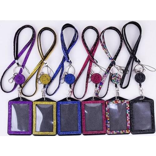 Rhinestone Lanyard Crystal Diamond Necklace neck strap with Horizontal Lined ID Badge Holder and Key Chain for Id/key/cell phone
