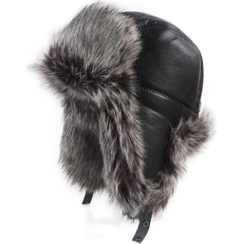 Leather Bomber Hat Men 2021 Warm Winter Faux Fox Fur Hats With Earflaps Mens Pilot Hat Russian Ushanka Snow Cap