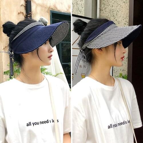 Summer double-sided lattice sun visor half-empty top hat female big brim fisherman hat outdoor outing sweet hat