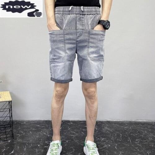 Summer Mens Denim Elastic Waist Pockets Casual Knee Length Beach Shorts Slim Fit Streetwear Short Trousers Big Size Jeans