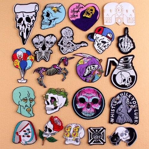 Pulaqi Skull Embroidered Patches For Clothing Grim Reaper Iron on Patches On Clothes Stickers For Clothes Punk Rock Stripe Badge
