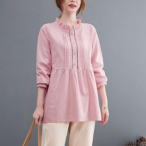 Women Long Sleeve Cotton Shirts New Arrival 2021 Autumn Vintage Style Floral Embroidery Loose Female Casual Tops Shirt B842