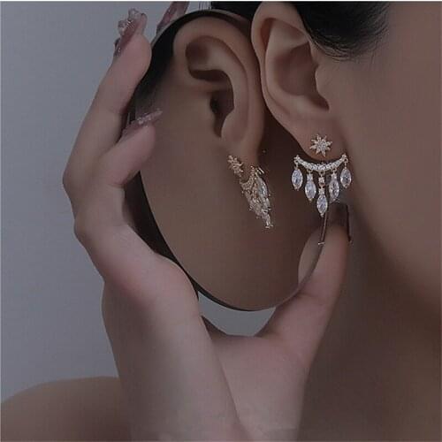AOMU Summer Simple Crystal Tassel Pearl Metal Sector Back Hang Earrings Round Bead Stud Earrings for Women Fashion Jewelry Gifts