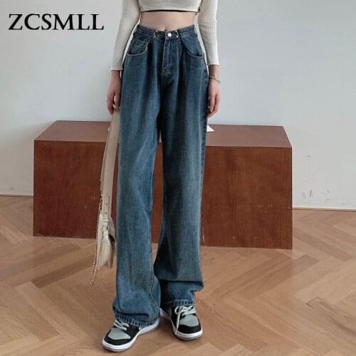 ZCSMLL High-waisted Jeans Womens Straight Loose Plus Size Wide-leg Pants New Slim Korean Fashion Female Pants 2021 Autumn