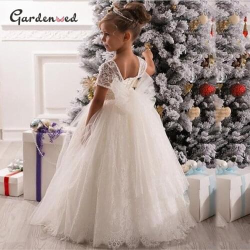 Gardenwed Ivory Lace Flower Girl Dress Bow White Girl Wedding Party Dress Cute Little Girl Dress First Communion Princess Dress