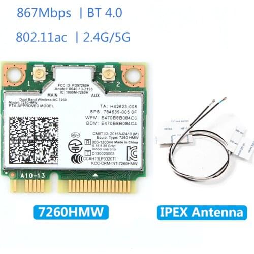 Dual Band Wireless-AC 7260HMW 7260ac PCI-E 802.11ac WiFi BT 4.0 Mini Wlan Card 2.4G/5Ghz 2x2 Wi-Fi+Bluetooth 4.0 Adapter Antenna