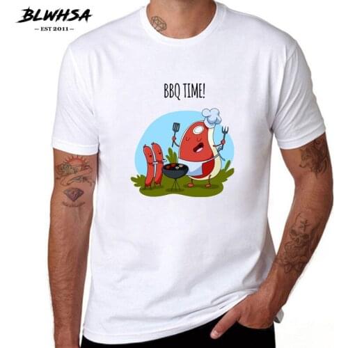 BLWHSA Cotton Men Clothing Male Fitness T Shirt Man T-shirts Casual Short Sleeve O-neck BBQ Time Cartoon Print Mens Tops Tees
