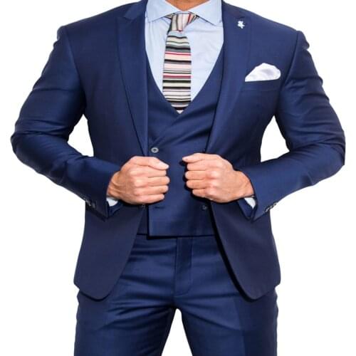 Navy 3 Pieces Mens Wedding Suits Slim Fit Peak Lapel Business Double Breasted Vest Costume Formal Terno Masculino Clothing