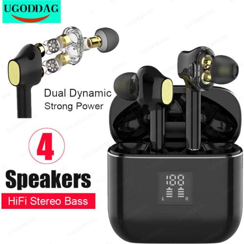 Fone de ouvido Bluetooth TWS Earbuds Dual Dynamic Drivers Wireless Noise Cancel Earbuds Type-C Stereo Sport Microphone Headset