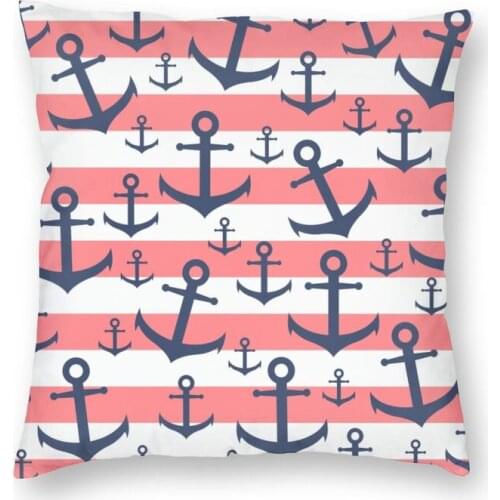 Nautical Coral Stripe Navy Blue Anchor Pattern Cushion Cover Sailing Sailor Throw Pillow Case for Living Room Fashion Pillowcase