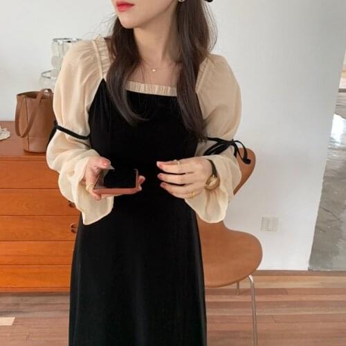 South Koreas New Platycodon French Niche Autumn and Winter Look Thin Gold Velvet Western Tea Break French Dress