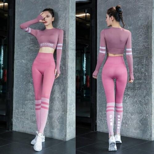 New long-sleeved yoga clothes suit womens sports running fitness clothes quick-drying clothes high waist hip tights two-piece r
