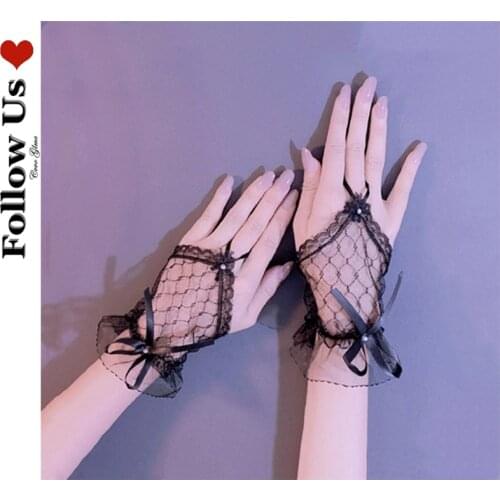 Gothic Short Black Gloves Female Harajuku Lace Bridal Wedding Halloween Lolita Dress Net Gauze Bow Hand Sleeve Fishnet Gloves