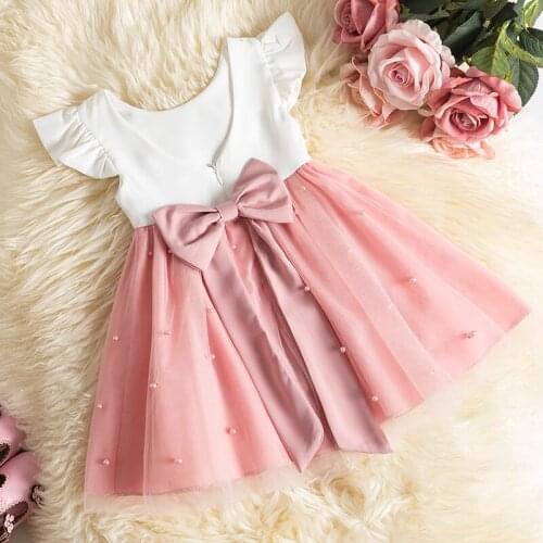 Pink Baby Girls Summer Princess Dress Girls Costumes Bowknot Tulle Pearls Birthday Party Children Casual Clothes Kids Vestidos