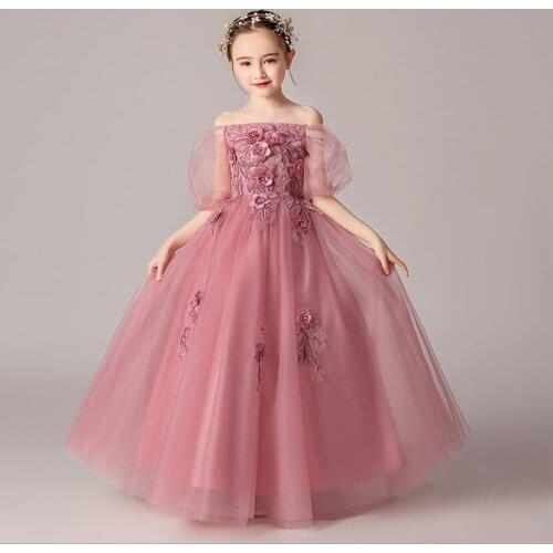 Shoulderless Flower Girl Dresses 3D Appliques Beads Lace Kids Girls Wedding Party Gowns Long Evening Gown for Pageant Princess