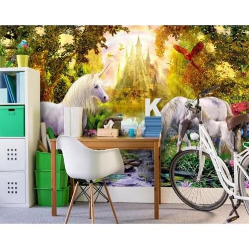 Beibehang Custom childrens room decoration wallpaper castle forest unicorn horse animal wallpaper for kids room carta da parati