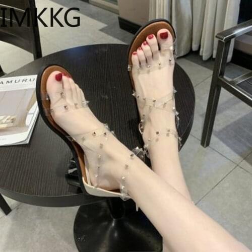 Summer Rivet round Heels Women Sandals PVC Clear Transparent Buckle Sandal Fashion Open Toe middle Heels comfortable Shoes Woman