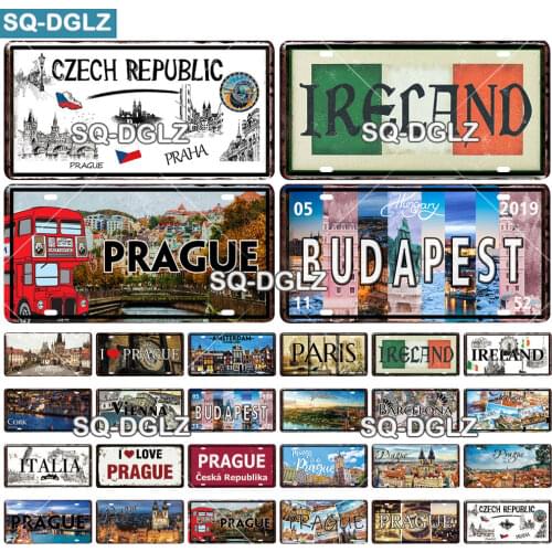 [SQ-DGLZ] Europe City License Plate Metal Sign Vintage Plaque Tin Sign Wall Decor For Bar Country Ireland/Paris/Prague Poster