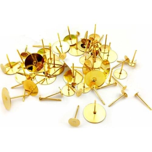 50Ppcs Stainless Steel Gold Blank Post Earring Studs Pins Steel Color Flat Round Tray Base for Earring Jewelry Making Findings