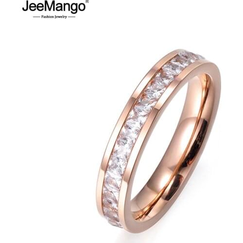 Simple Design Mosaic Clear Cubic Zirconia Rose Gold Color Titanium Steel Wedding Rings For Women Gifts Anillos JR17052