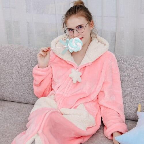 Women Plus Size Long Warm Thicken Flannel Kimono Bathrobe Star Moon Hooded Fleece Bath Robe Cute Night Dress Gown Men Sleepwear