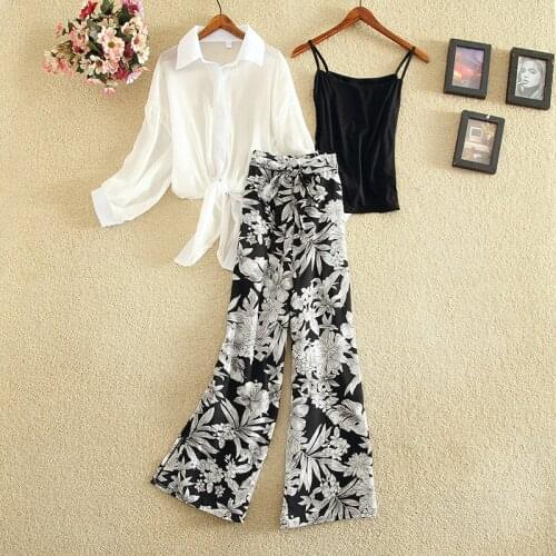 Chiffon 3 Pieces Women Pants Suits Summer New Design 2021 Floral Wide Leg Elegant Office Lady Clothing Sets