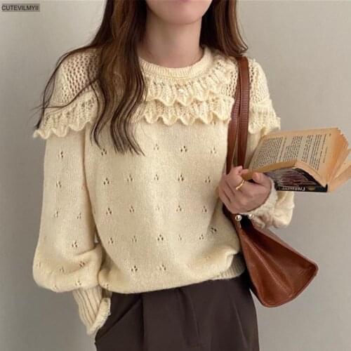 Women Jumper Pull Femme Korean New Autumn Winter Solid Retro Lantern Sleeve O Neck Loose Knitted Pullovers Sweaters