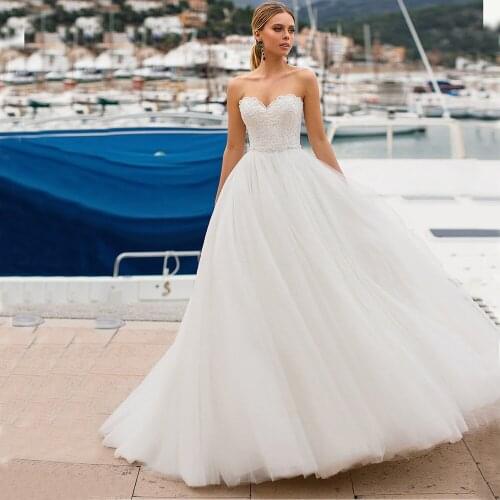 Elegant Sweetheart Wedding Dresses with Pearls Vestidos de Novia White Tulle Lace Appliqued Bridal Gown 2020 Fast Shipping