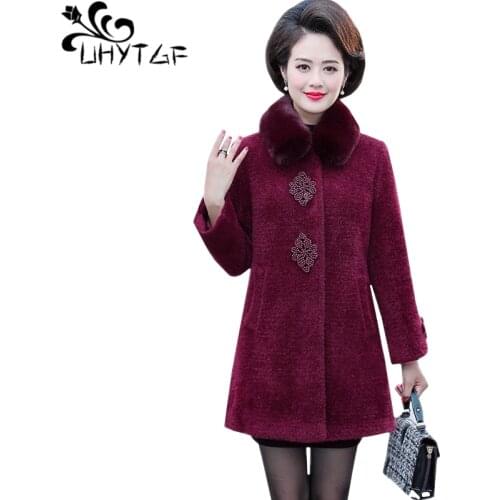 UHYTGF Womens winter wool coat quality mink cashmere woolen jacket luxury fur collar elegant mother 5XL plus size outerwear 1038
