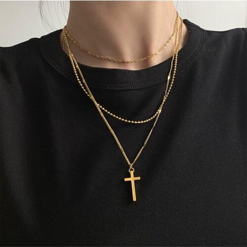 3 Pcs/Set Layered Beads Chains Choker Water Wave Linked Cross Pendant Necklaces Vintage Trendy Religious Necklaces