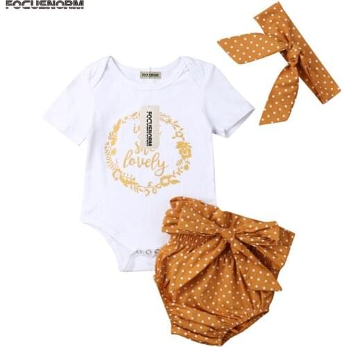 Newborn Infant Kids Dot Bowknot Sunsuit Clothes Set Toddler Baby Girl Summer Outfits Clothes Top Romper Pants Headband 3Pcs Set