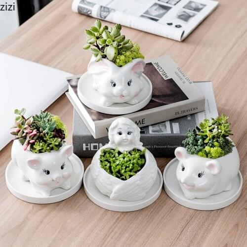 White Ceramic Flowerpot Animal Succulent Flower Pot Garden Pots Balcony Gardening Supplies Flower Plant Pot Plant Container Vase