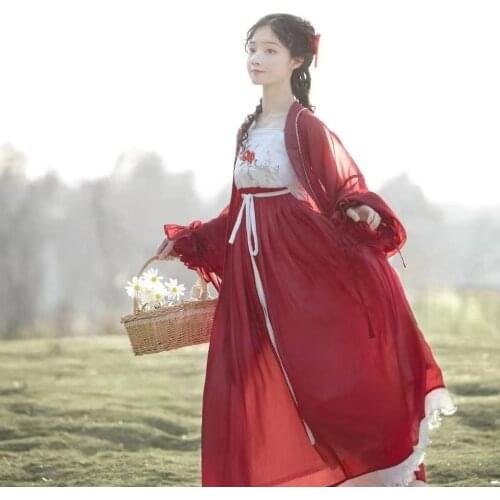 Burgundy Original Tang Dynasty Pearl Lace Han Womens Three Piece Suit Chinese Style Clothing Chinese Improved Hanfu Costume