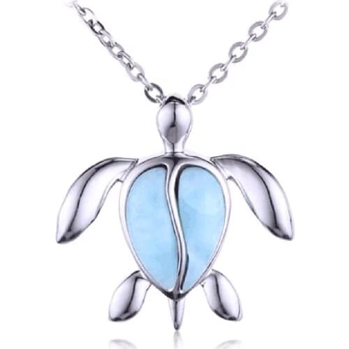 Sealife Larimar Jewelry 925 Sterling Silver Natural Larimar Sea Turtle Womens Pendant Necklace For Gift