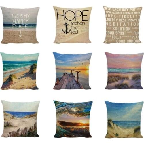 Popular Coastal Style Cushion Cover Sea Ocean Coconut Tree Sunset Printed Throw Pillow Case Home Decorative Bench Seats Almofada