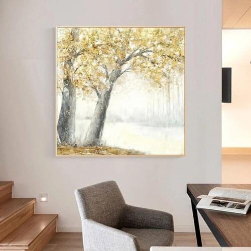 Handmade Oil Painting On Canvas Abstract Textured Trees With Yellow Leaves Wall Art Modern Oil Painting For Home Decor No Frame