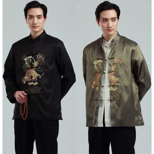 New Male Satin Outwear Chinese Style Embroidery Dragon Jacket Men Double Breasted Kung Fu Coat Jacket Men Chaquetas Hombre