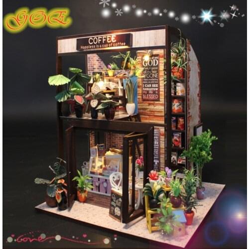 DollHouse 3D Kit Wooden Coffee House For Children Girls Room Miniature Building Case Furniture Led Toys For Birthday Gift