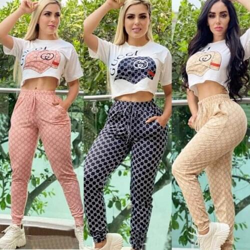 Fashion printed short-sleeved loose top and drawstring pants suit casual basic ladies two-piece suit