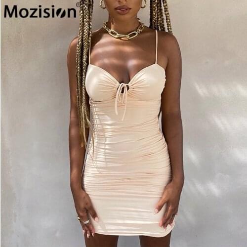 Mozision Backless Drawstring Ruched Dress Women Spaghetti Strap Sleeveless Mini Sundress Ladies Skinny Beach Holiday Vestidos