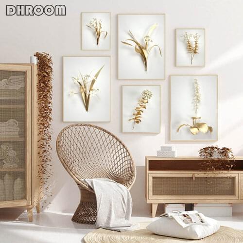 Golden Flower Abstract Plant Wall Poster Nordic Canvas Print Painting Modern Popular Art Decoration Picture Living Room Decor