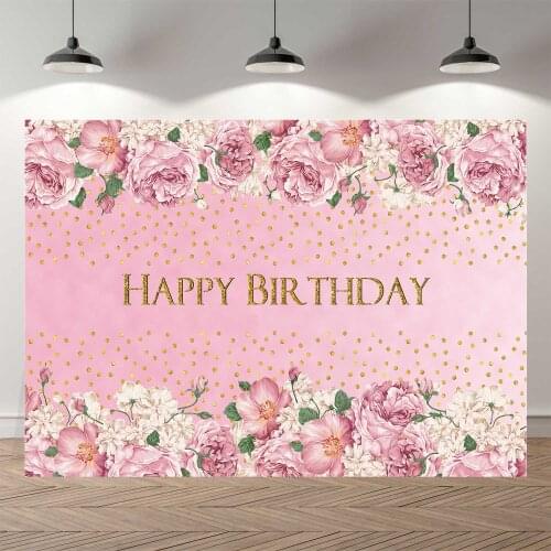 NeoBack Thin Vinyl Pink Floral Wall Happy Birthday Photo Backgrounds Children Kids Photo Backdrops Party Welcome Board Banner
